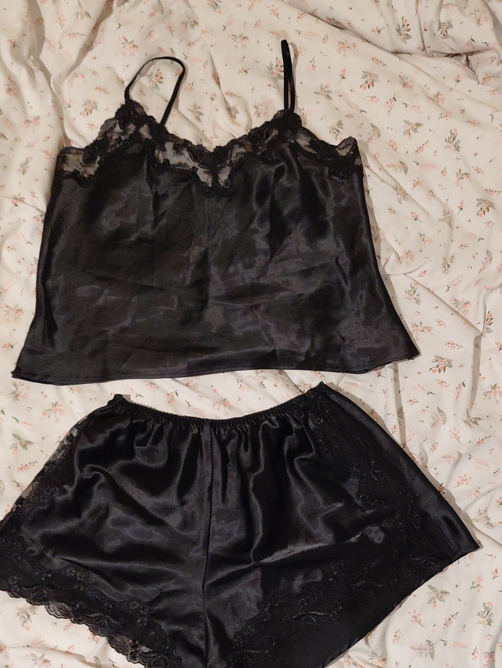 Victoria's Secret Black Satin Lace Camisole & Shorts Set